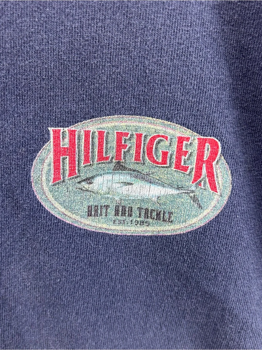 Vintage Tommy Hilfiger Shirt Mens Large Navy Blue Bait & Tackle Fishing 90s Boxy